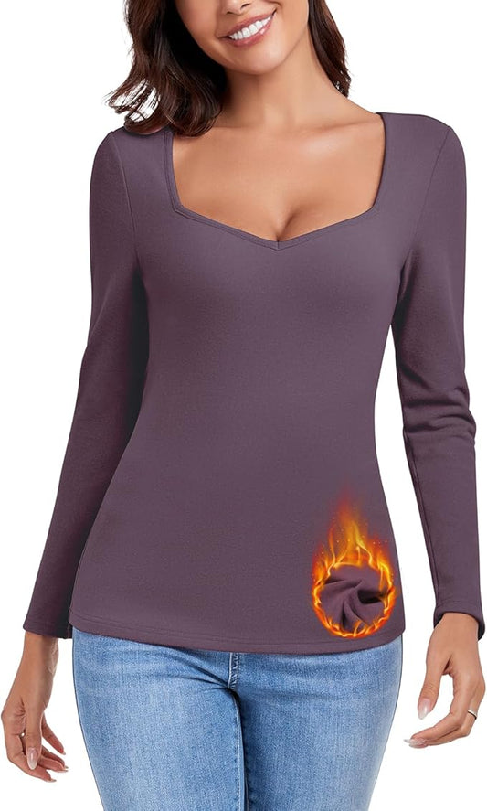 WOWENY Thermal Shirts for Women Sweetheart Fleece Lined Long Sleeve Underwear Tops Soft Warm Base Layer Cold Weather