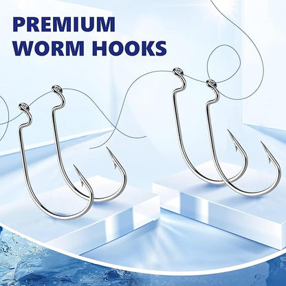 UCEC Fishing Hooks, 140PCS/ 100PCS/ 60PCS EWG Offset Worm Hooks Bass Hooks Wide Gap 2X Strong Senko Bait Texas Rig Jig Fish Hooks for Bass Trout Saltwater Freshwater Size:#4#2#1 1/0 2/0 3/0 4/0 5/0