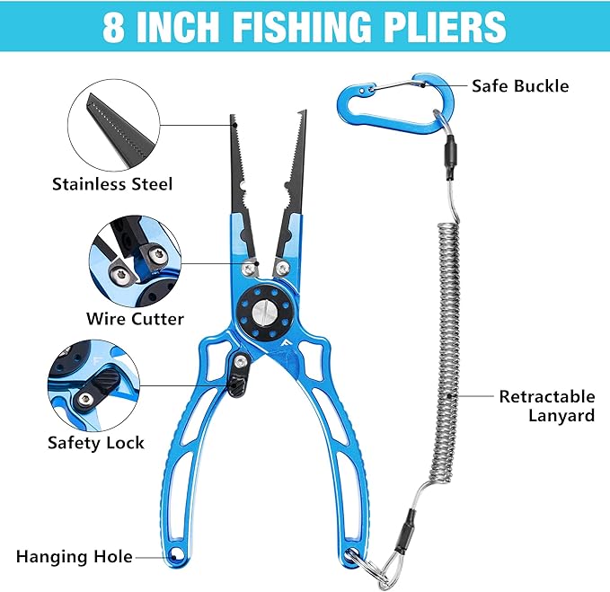 FLISSA 8 Inch Fishing Pliers, Safety Lock Design Fish Pliers Saltwater, Corrosion Resistant Aluminum hook remover with Braid Cutters, Sheath and Lanyard, Fishing Tool Gifts for Men
