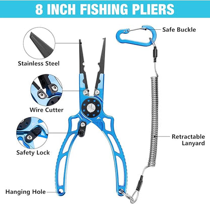 FLISSA 8 Inch Fishing Pliers, Safety Lock Design Fish Pliers Saltwater, Corrosion Resistant Aluminum hook remover with Braid Cutters, Sheath and Lanyard, Fishing Tool Gifts for Men