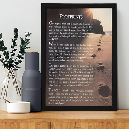 Footprints in the Sand Religious Canvas Wall Art Posters, Inspirational Beach Sunset Poem Print Poster (Black Framed 24x36inch, Footprints(7))