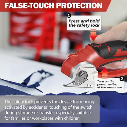 Cordless Electric Scissors, 4V Box Cutter & Cardboard Cutter with 2 Titanium Blades - Rotary Cutter with LED Light for Fabric, Leather, Carpet, Plastic, Crafting + Storage Case (Red)