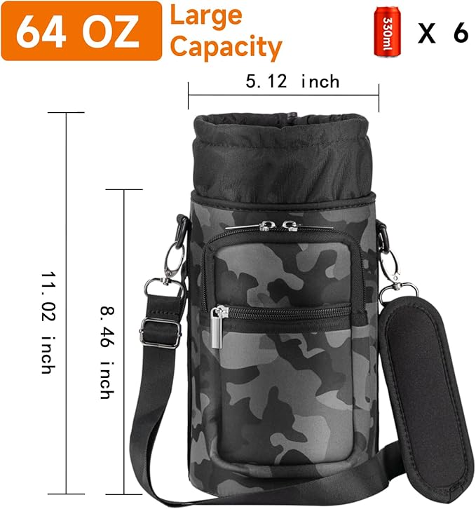 32/40/64/128 oz Neoprene Insulated Water Bottle Carrier Bag, Sling Bag Sleeve Pouch Holder with Strap & Paracord Handle and 2 Pocket for Travelling, Hiking, Camping