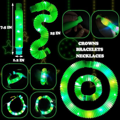24 PCS Green Glow Sticks Christmas Party Favors for Kids, LED Light up Pop Tubes for Toddlers,Neon Necklaces Bracelets Accessories,Glow New Year Eve Party Supplies Birthday Dance Camping Decoration