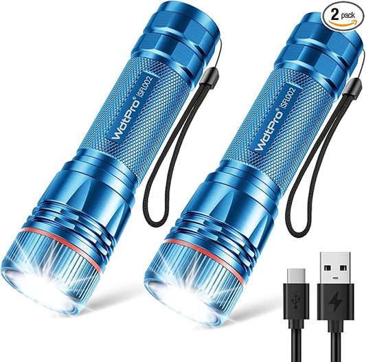 WdtPro Rechargeable Flashlights High Lumens, 2 Pack 10H Long Lasting Super Bright EDC Flashlight, LED Mini Tactical Flash Lights for Camping Emergency, Drop & Water Resistant Blue(Battery Included)