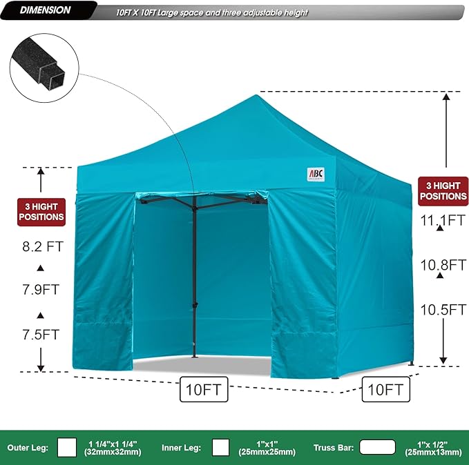 ABCCANOPY Heavy Duty Easy Pop up Canopy Tent with Sidewalls 10x10, Turquoise