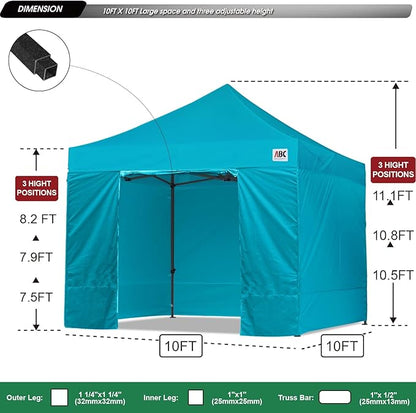 ABCCANOPY Heavy Duty Easy Pop up Canopy Tent with Sidewalls 10x10, Turquoise