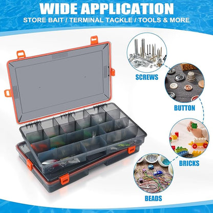 Fishing Tackle Boxes Waterproof 3700 Tackle Trays with Removable Dividers Plastic Storage Organizer Bait Vault Camouflage Box for Freshwater Saltwater (Orange)