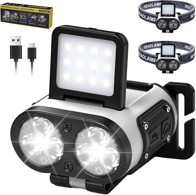 LED Hard Hat Light, 2 pcs Dimmable Clip on Cap Lights, Headlamp Rechargeable, 180°Adjustable Hands Free Hat Flashlight Headlamp Waterproof for Hiking, Running, Fishing, Cycling, Emergency (White)