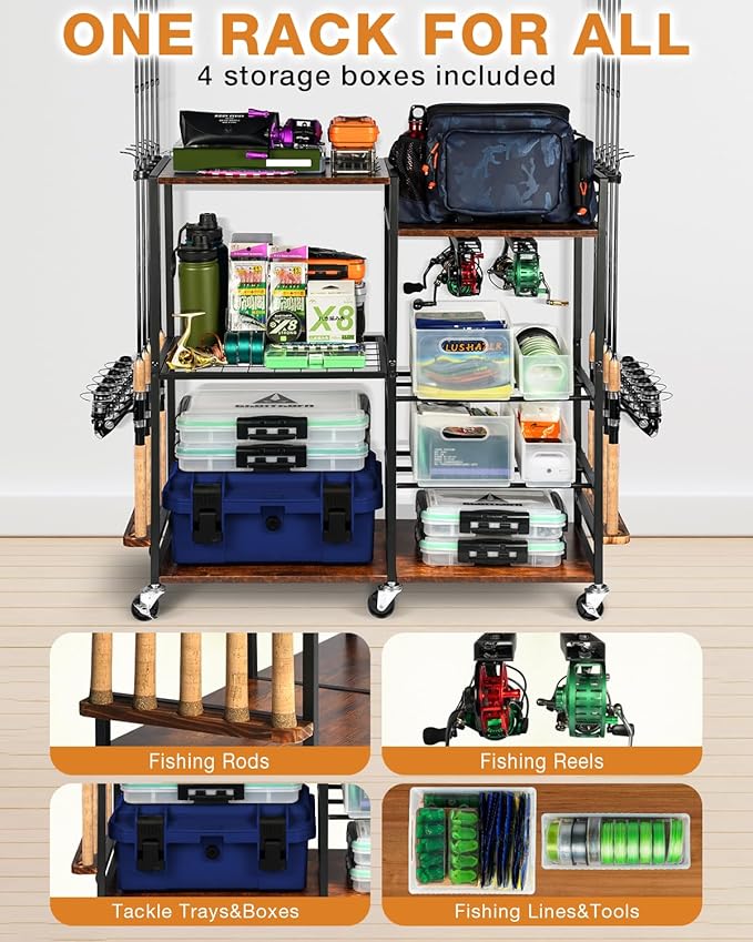 Ghosthorn Fishing Rod Holders for Garage Fishing Pole Rack Containers Included, up to 10 Rods Tackle Box Reel Storage Fishing Rod Rack Rotating Cart Fishing Gear Equipment Organizer