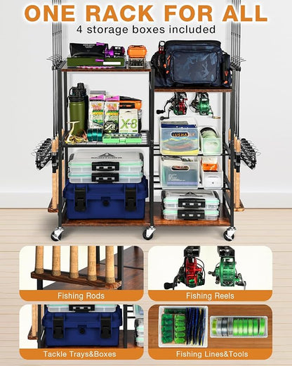 Ghosthorn Fishing Rod Holders for Garage Fishing Pole Rack Containers Included, up to 10 Rods Tackle Box Reel Storage Fishing Rod Rack Rotating Cart Fishing Gear Equipment Organizer