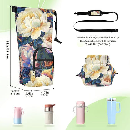 Peony Flowers Paisley Colorful Water Bottle Holder with Strap Insulated Water Bottle Carrier Crossbody Bags Pouch with Phone Pocket for Travel Gym Hiking Walking Running
