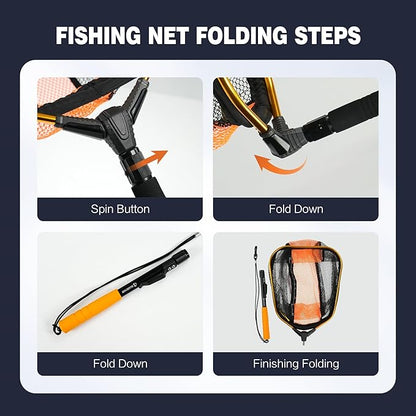 Black Paw Floating Fishing Net - Telescopic Foldable Fish Landing Net with Adjustable Mesh Head, Built in Length Scale
