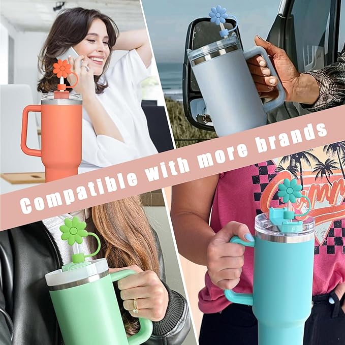 8PCS Silicone Straw Covers Toppers for Stanley Cups 30&40 Oz Tumbler Accessories Flower Straw Caps Pink Blue Dust-Proof Reusable Straws Tips Protectors for Stanley Cup 10mm 0.4in Straws