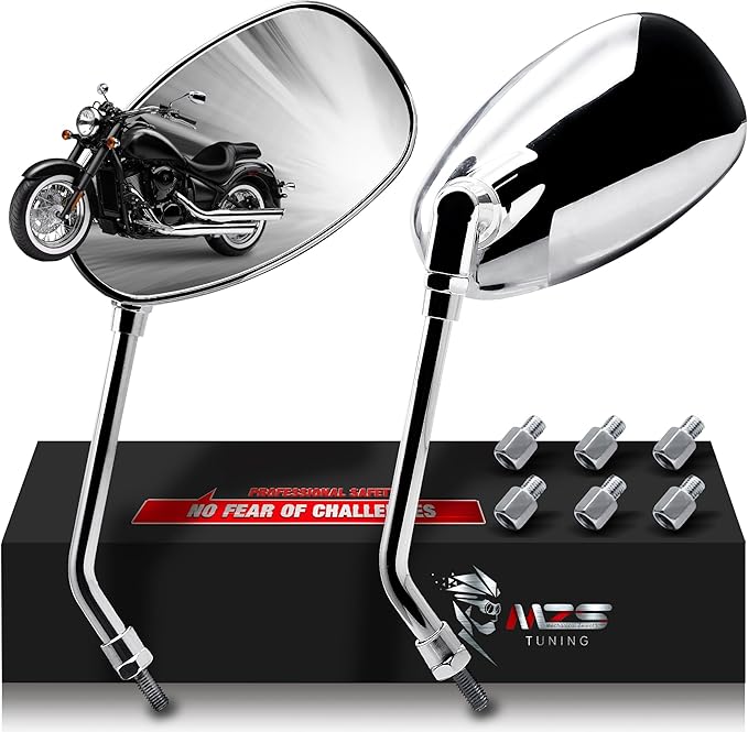 MZS Motorcycle Mirrors Chrome, Universal 10MM 8MM Rear View Side Mirror 360 Degree Adjustable Handlebar Compatible with Street Bike Cruiser Touring Chopper Scooter GY6