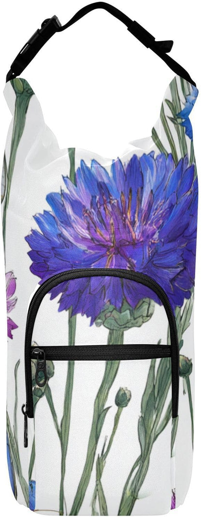 Blue Purple Cornflower Water Bottle Holder with Strap Insulated Water Bottle Carrier Crossbody Bags Pouch with Phone Pocket for Travel Gym Hiking Walking Running