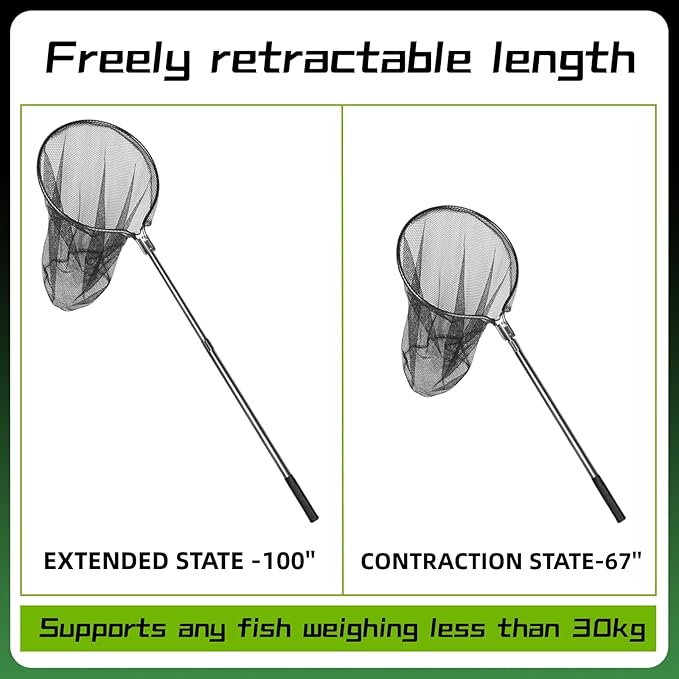 Heavy Duty Extra Large Aluminum Landing Net - Telescoping Handle (67-100in), 20in Net Opening for Saltwater Fishing
