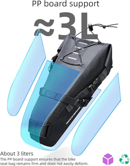 ROCKBROS Bikepacking Bag Bike Saddle Bag Large Capacity Bikepacking Seat Bag Waterproof Bike Seat Bag Max 3L
