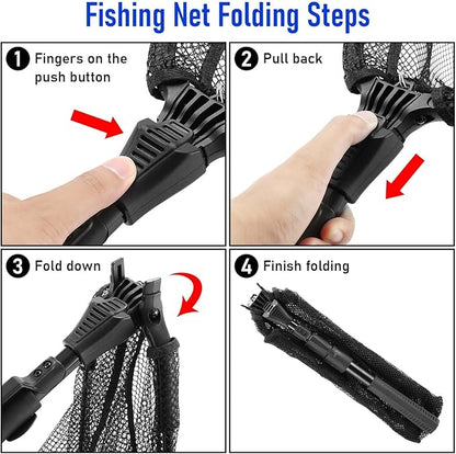 Fishing Net with Handle, Telescoping & Folding Fish Net for Easy Transport & Storage, Durable Freshwater & Saltwater Fishing Gear for Kids & Adults, Compact & Portable Design