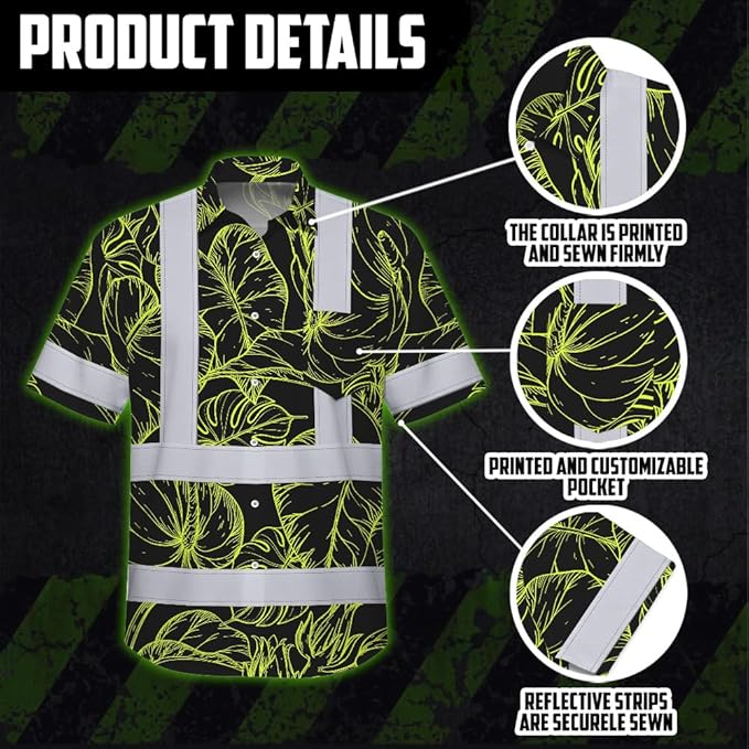 High Visibility Hawaiian Shirt for Men Tropical Shirts Custom Name Floral Outfit Reflective Safety Workwear
