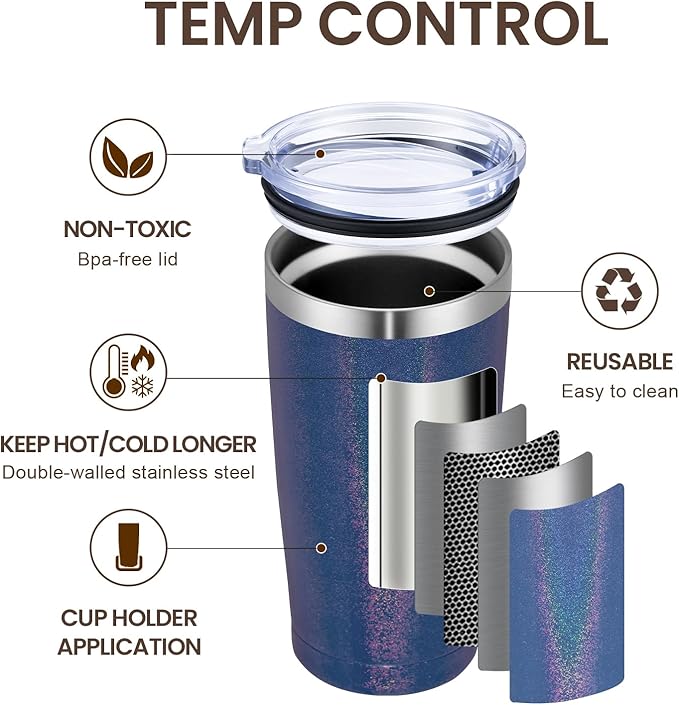 MEWAY 20oz Tumbler 4 Pack Double Wall Vacuum Insulated Travel Glitter Mug Bulk, Stainless Steel Tumblers with Lid and Straw, Powder Coated Coffee Cups for Woman(Rainbow Navy,Set of 4)