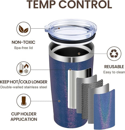 MEWAY 20oz Tumbler 4 Pack Double Wall Vacuum Insulated Travel Glitter Mug Bulk, Stainless Steel Tumblers with Lid and Straw, Powder Coated Coffee Cups for Woman(Rainbow Navy,Set of 4)