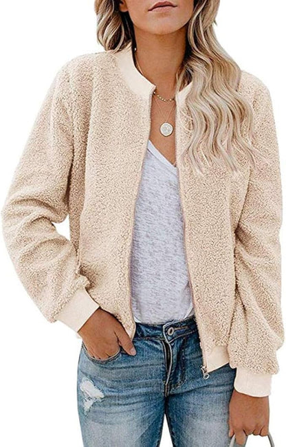 MIROL Women's Fall Trendy Fleece Jacket Faux Sherpa Fuzzy Casual Long Sleeve Zip Up Loose Fit Bomber Winter Coat