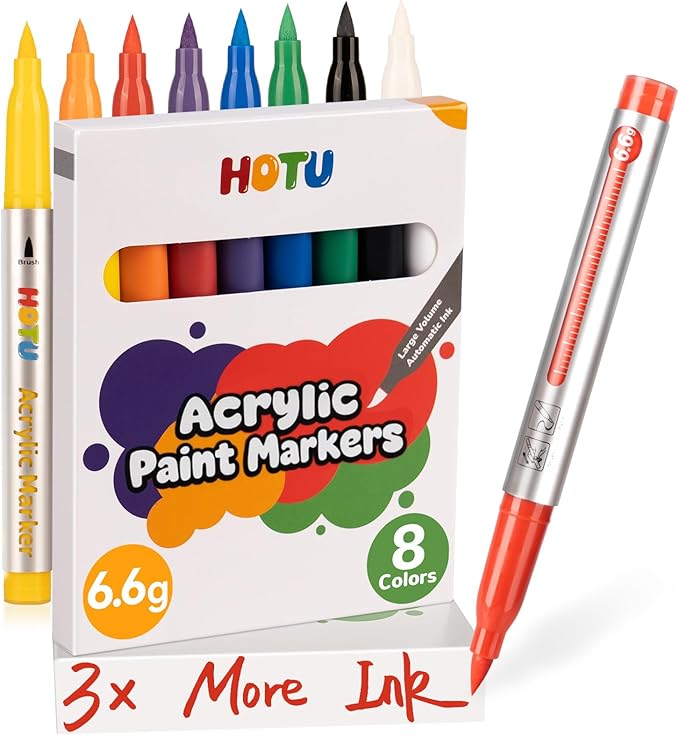 Acrylic Paint Markers Brush Tip 8 Colors, 300% More Ink marker 6.6g,Visible Ink Window,Free Flow,No-Bleed Waterproof Paint Pens for Canvas, Fabric, Rock, Wood, Egg, Paper,DIY Crafts