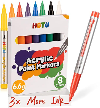 Acrylic Paint Markers Brush Tip 8 Colors, 300% More Ink marker 6.6g,Visible Ink Window,Free Flow,No-Bleed Waterproof Paint Pens for Canvas, Fabric, Rock, Wood, Egg, Paper,DIY Crafts