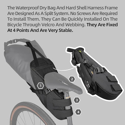 Rhinowalk 14L Bicycle Seat Bag, Waterproof Bike Bag, Mountain Road Bikes, Black, Adjustable Strap, Seat Mount