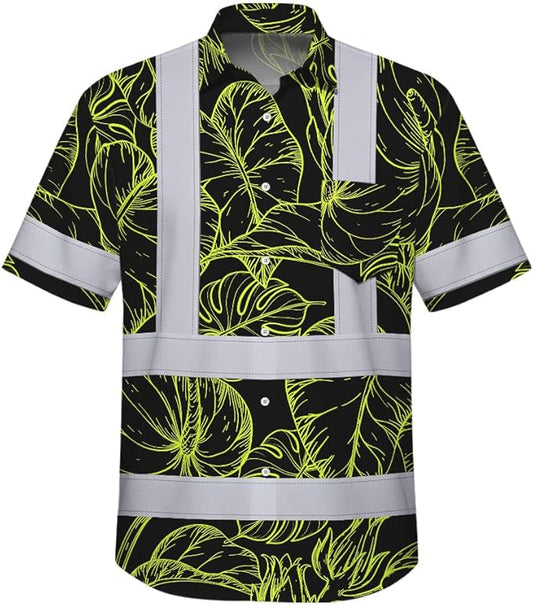 High Visibility Hawaiian Shirt for Men Tropical Shirts Custom Name Floral Outfit Reflective Safety Workwear