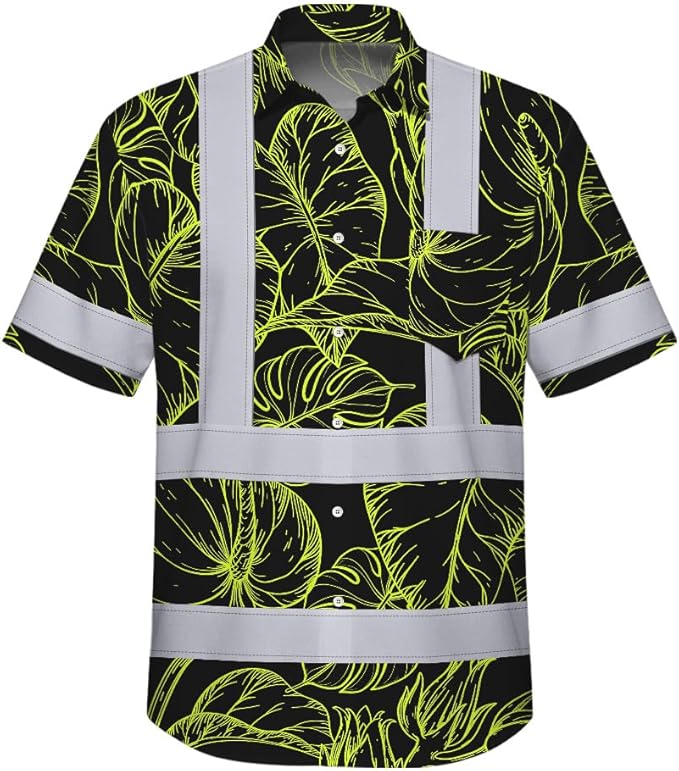 High Visibility Hawaiian Shirt for Men Tropical Shirts Custom Name Floral Outfit Reflective Safety Workwear