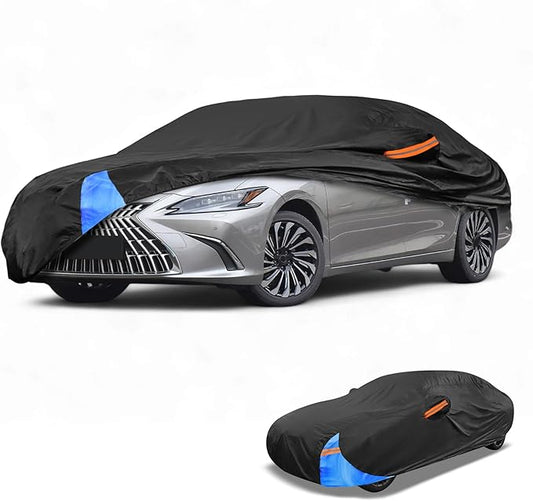 Waterproof All-Weather Universal Car Cover with Right Side Zipper, 190T Polyeste Black Blue Fits for Sedan 165" to 177" Length
