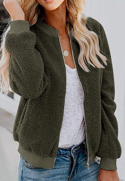 MIROL Women's Fall Trendy Fleece Jacket Faux Sherpa Fuzzy Casual Long Sleeve Zip Up Loose Fit Bomber Winter Coat
