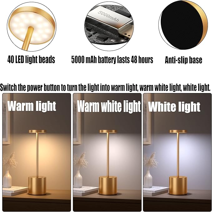 2Pack Cordless Table Lamp, Rechargeable LED Battery 5000mAh Metal USB Portable Powered Desk Lamp, 3 Levels Brightness Light for Restaurants Outdoor (2pack 10.25in Gold)