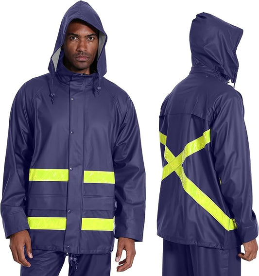 Hi-Vis Rain Jacket for Men – Waterproof Work Safety Coat with Reflective Strips, EN 343 Certified, Durable PU