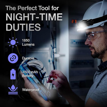 K-Bern Rechargeable Headlamp - 1850 Lumen, Ultra Bright Head Lights for Forehead. Waterproof, Lightweight, Aluminum, UL Listed 3500mAh Battery, Perfect for Dog Walking, Camping, Hiking & Hard Hats