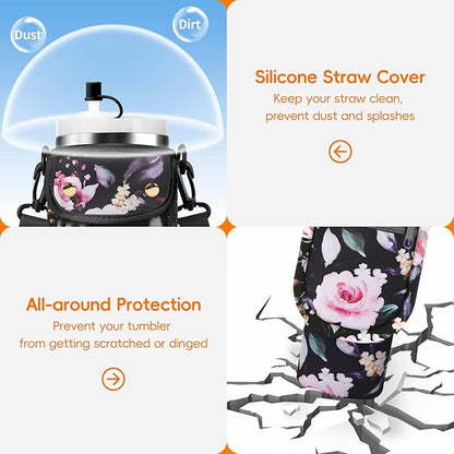 Water Bottle Carrier Bag with Phone Pocket for Stanley 40/30 oz Tumbler Neoprene Insulated Mug Sleeve Pouch with 2 Pockets & Adjustable Strap & Straw Cover for Stanley Cup Accessories