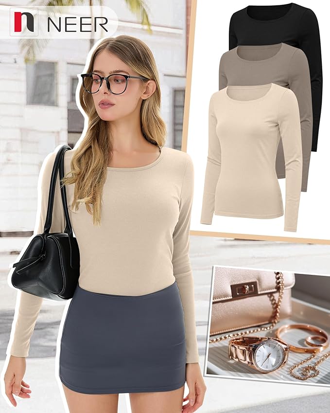 Neer 3 Pack Women's Thermal Shirts Long Sleeve Crew Neck Fleece Lined Undershirts Slim Fit Basic Tops Winter Base Layer