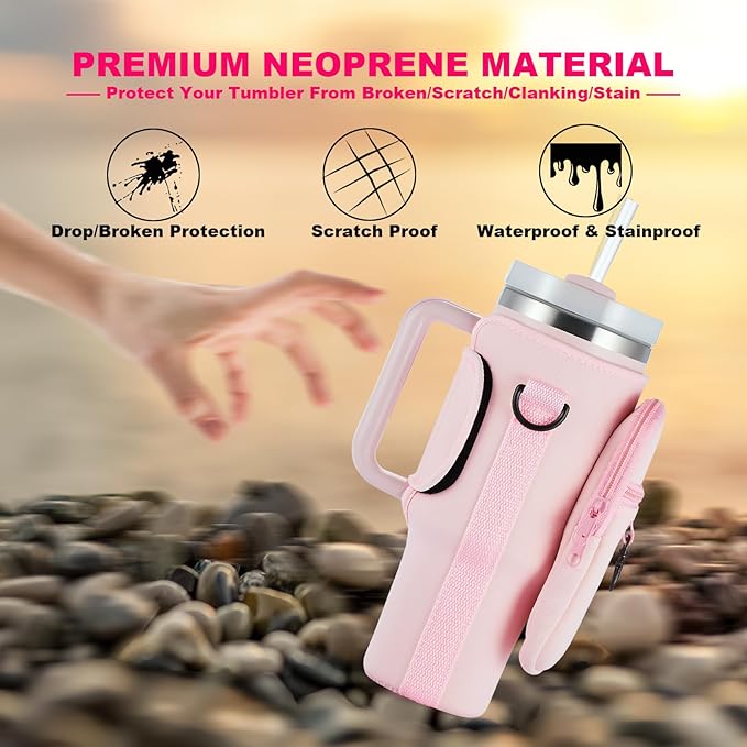 Water Bottle Carrier Bag with Phone Pocket for Stanley 40 & 30 oz Tumbler with Handle,Pink Insulated Neoprene Cup Holder Pouch w/Adjustable Strap for Quencher H2.0 Stanley Cup Accessories