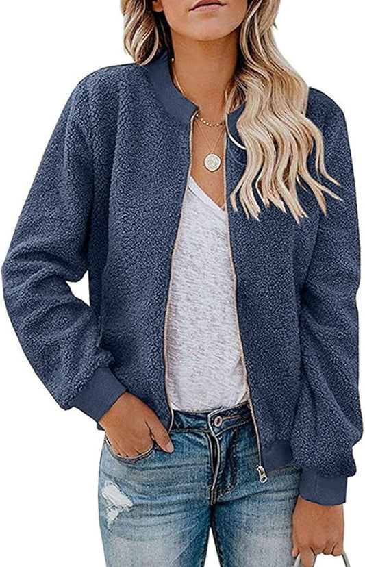 MIROL Women's Fall Trendy Fleece Jacket Faux Sherpa Fuzzy Casual Long Sleeve Zip Up Loose Fit Bomber Winter Coat
