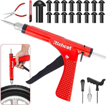 Richcat Tubeless Tire Puncture Repair Kit with Mushroom Plug, Repairs punctures and Flat Tires for Motorcycles, Cars, Trucks, ATVs,Gun Puncture Repair Kit