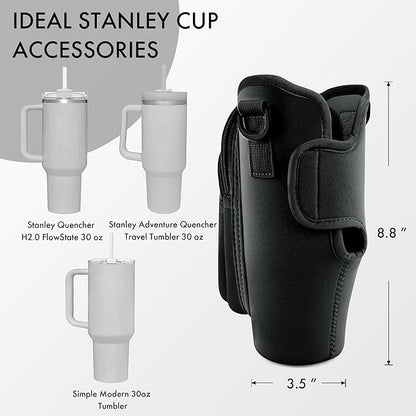 Water Bottle Carrier Bag with Phone Pocket for Stanley Cup 40/30 oz, Water Bottle Holder with Adjustable Strap& Straw Cover, Stanley Cup Accessories