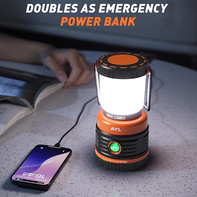LED Camping Lantern Rechargeable, 1800LM, 4 Light Modes, 4400mAh Power Bank, IP44 Waterproof, Perfect Lantern Flashlight for Hurricane, Emergency, Power Outages, Home and More, USB Cable Included