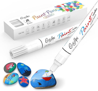 White Paint Pens Paint Markers, 2 Pack Oil Based Permanent Markers With 2-3mm Medium Point Tip For Rock Painting, Wood, Plastic, Metal, Canvas, Mugs Art Supplier (White,2 Pack)