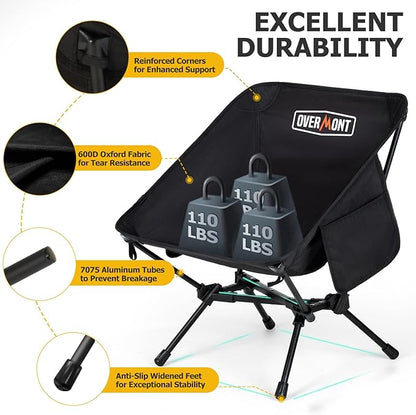 Overmont Ultralight Portable Camping Chair- Lightweight Folding Backpacking Chair, Support up to 330Lbs Compact Beach Chair for Adults with Carry Bag for Backpack Hiking Fishing Outdoor Camp 2pcs