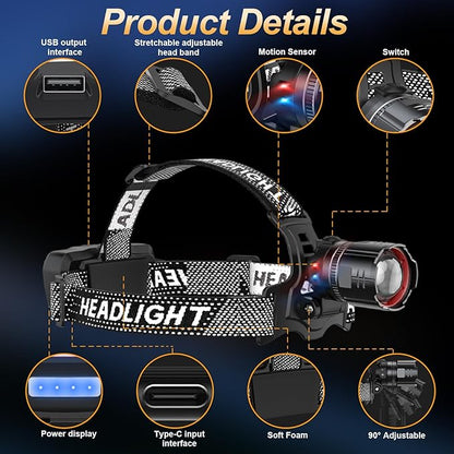 Super Bright LED Headlamp, High Lumen Rechargeable Head Lamp with Motion Sensor, 5 Modes, IPX5 Waterproof, 90° Adjustable, Zoomable Head Lights for Adults, Hard Hat, Outdoor, Camping