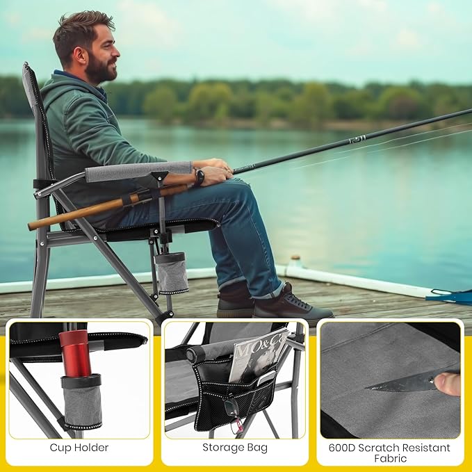 XGEAR Camping Chair with Padded Hard Armrest, Sturdy Folding Camp Chair with Cup Holder, Storage Pockets Carry Bag Included, Support to 400 lbs