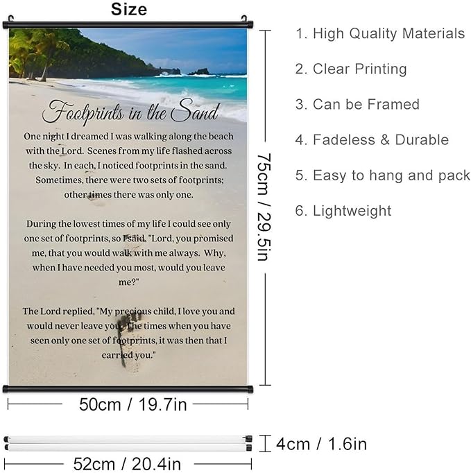 Footprints in the Sand Religious Canvas Wall Art Posters, Inspirational Beach Sunset Poem Print Poster (Black Axis 20x30inch, Footprints(4))