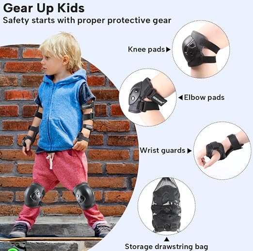 Cockchafer Kids and Youth Knee Elbow Wrist Guards Protective Gear Set for Skateboarding, Roller Skating, Inline Skating, Scooter Riding, BMX Biking (Black, Medium)